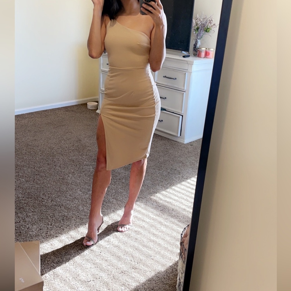 Lulus Beige Asymmetrical wedding guest dress
